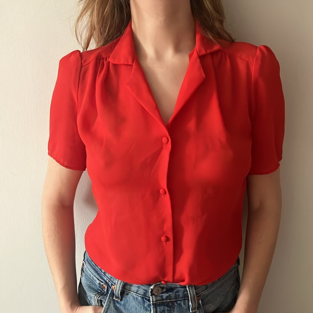 Vgt Sheer Cherry Red Short Sleeve Collared Button Down Shirt Top Blouse Sz M